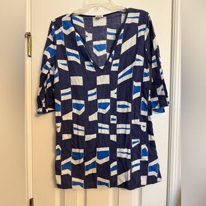 Jcrew Geometric Blue and White V-Neck Top